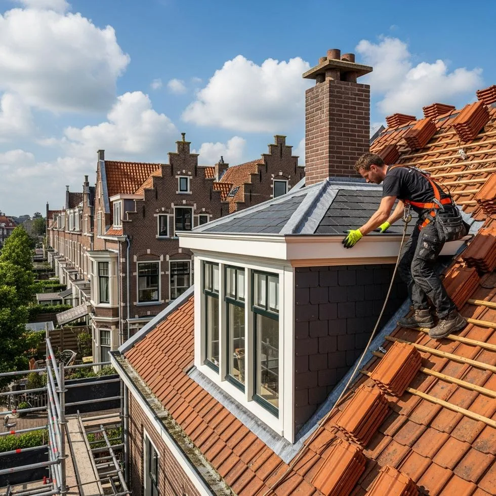 Dakdekker werkt aan de aansluiting van een dakkapel