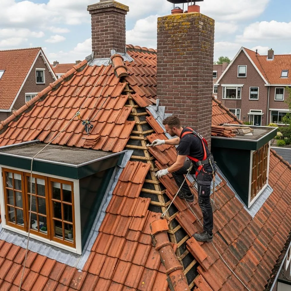 Dakdekker aan het werk bij een gemetselde schoorsteen